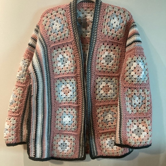 HANDMADE  Sz L-XL Granny Square Motif Oversized Open Front Cardigan - Picture 2 of 6